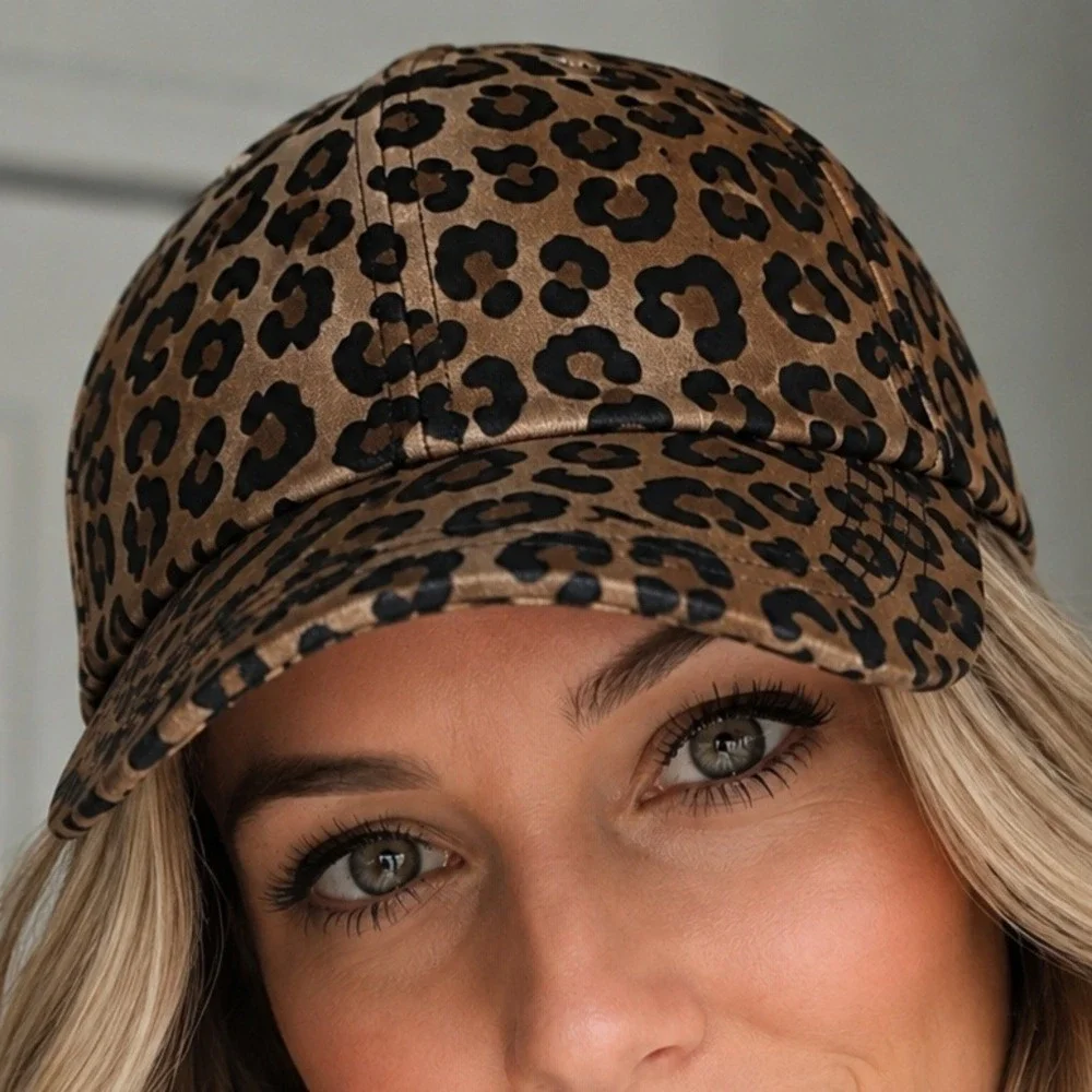 Women's Leopard Print Baseball Cap Adjustable Animal Pattern Cheetah Hat Brown